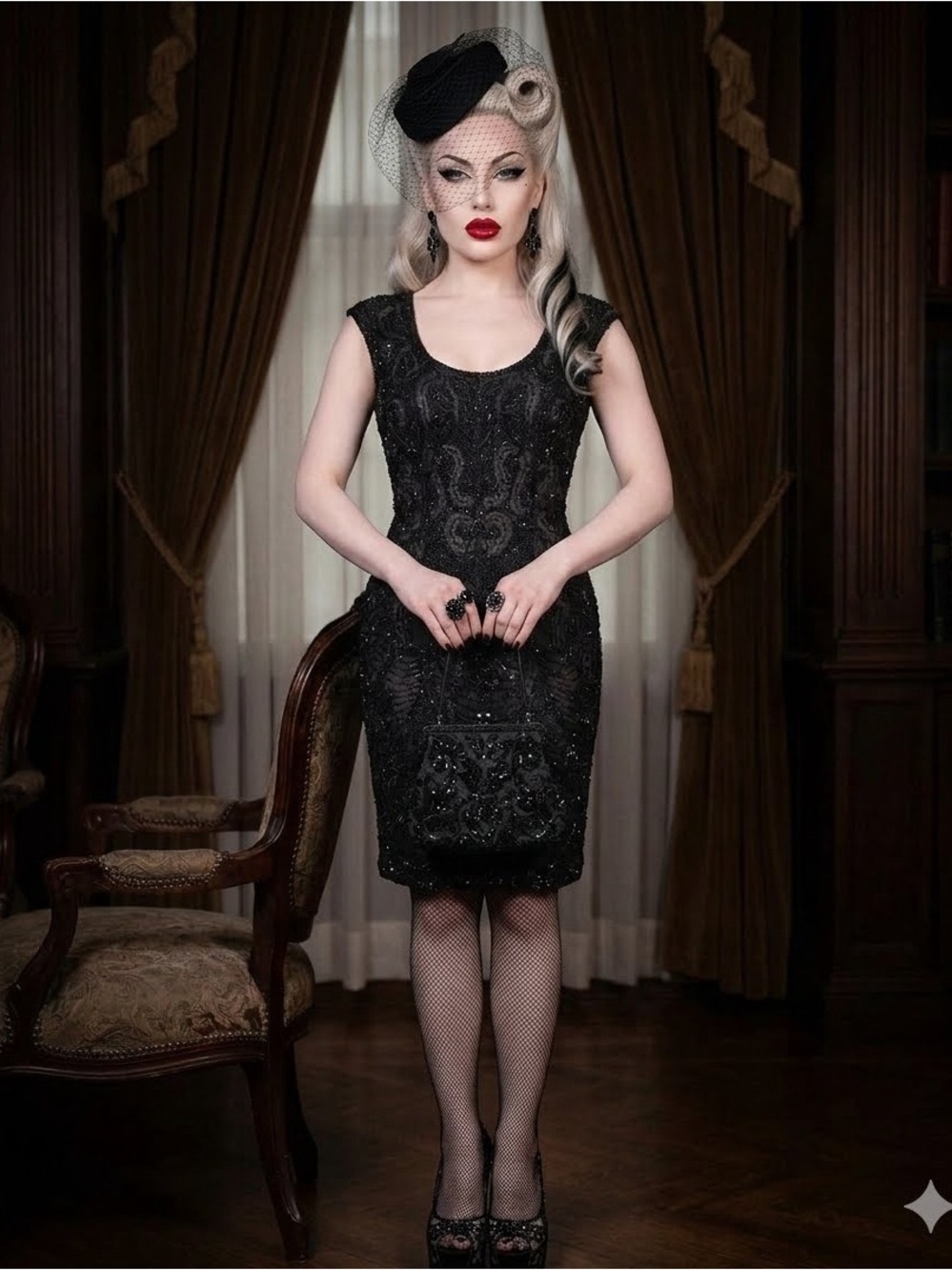 Sue Wong Black Beaded Sheath Chemise